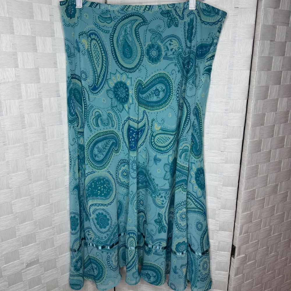 Whimsy Fairy Paisley Midi Skirt Boho A-Line Chiffon Velvet Trim Side Zip